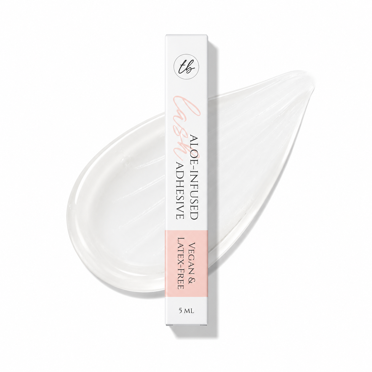 Aloe-infused vegan lash adhesive with a swatch of clear glue
